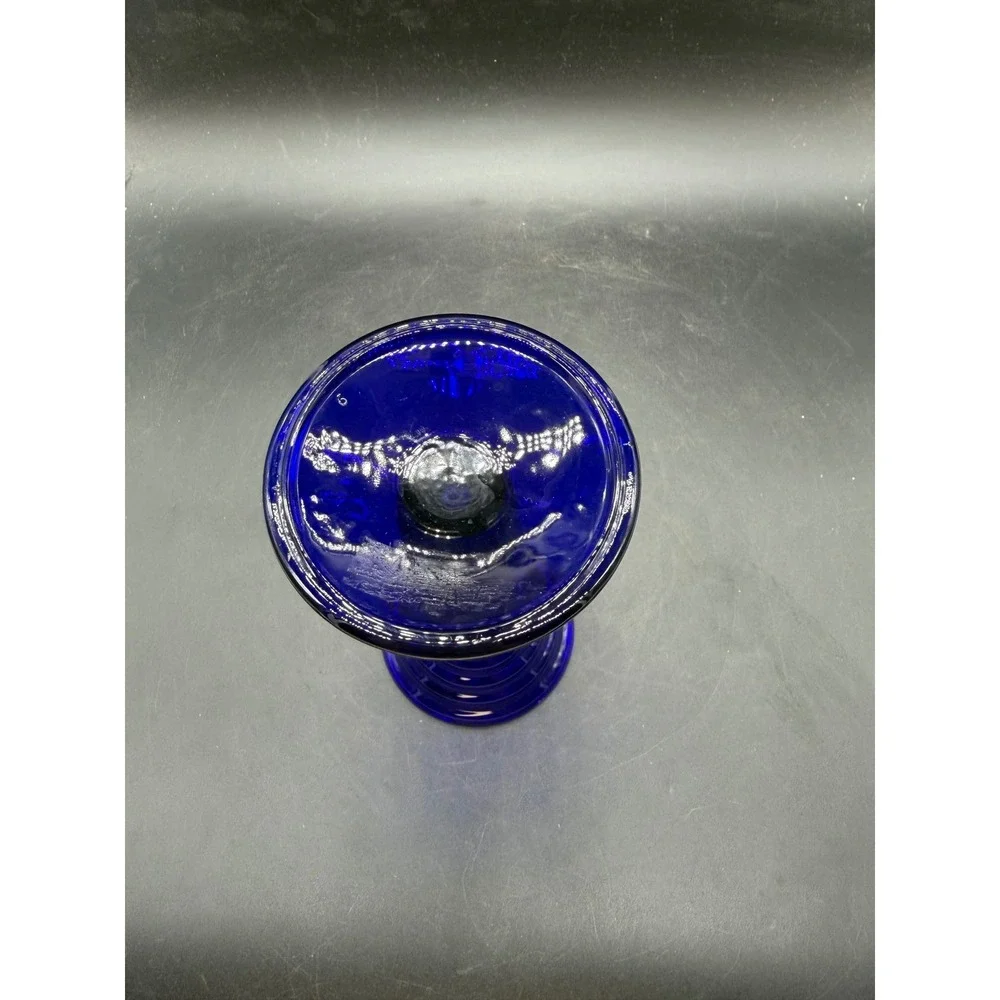 Vintage Cobalt Blue Glass Candlestick Holder Ribbed Base Pillar Stand 6.75in